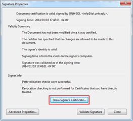 Adobe Reader Signature Properties dialog box